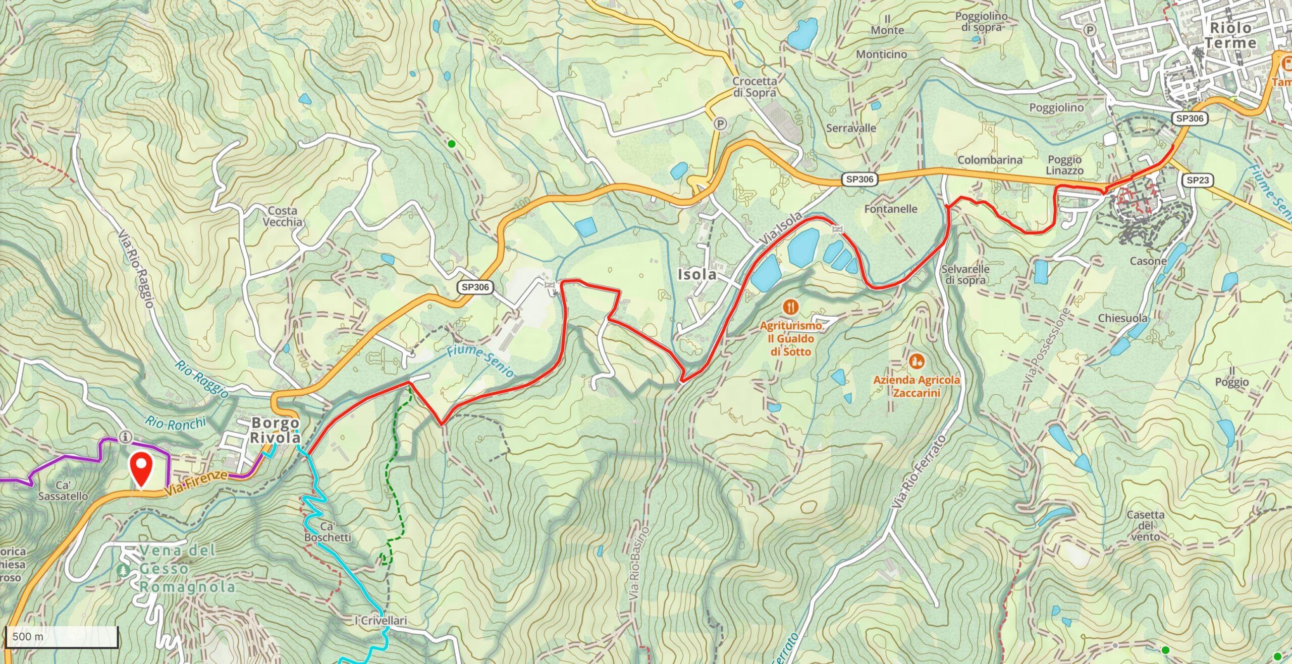 Mappa del percorso alternativo da Riolo Terme per Borgo dei Crivellari